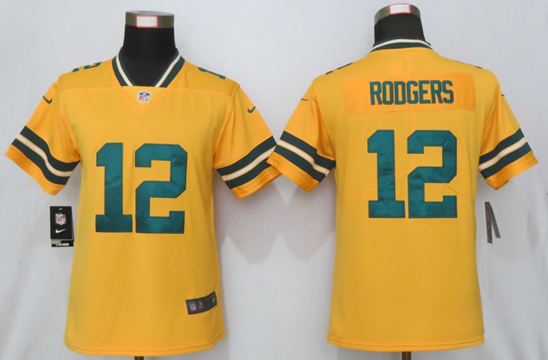 Women Nike Green Bay Packers 12 Rodgers  Vapor Untouchable Nike Gold Inverted Limited Jersey